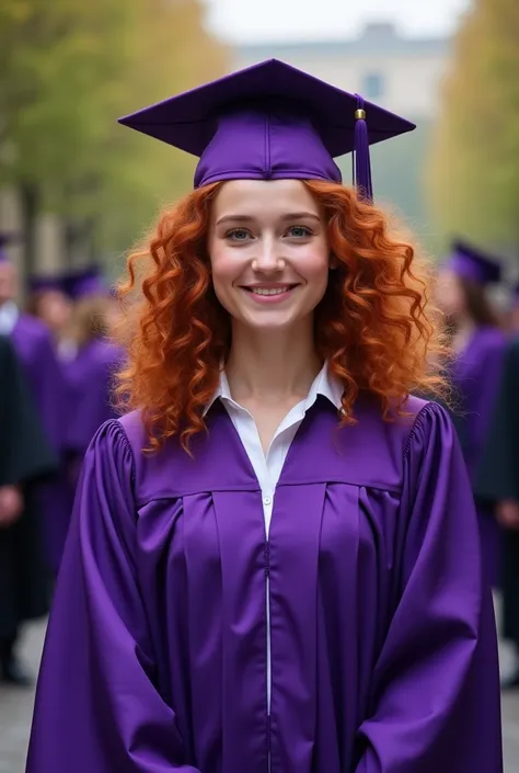 I want an image of a ager with curly copper hair graduation the color of the clabine is purple she is graduating as a psychologist 