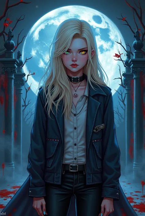 Book cover "Exiled: The path of the vampire". The background shows a vampire academy and a bloody moon.  And in the foreground is a vampire girl, blonde with blue hair , with heterochromia ( one eye is green, second yellow). And dressed in modern clothes. ...