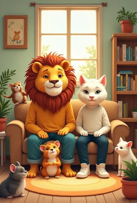 A picture of a lion and a cat in the form of humans and their three animals in a simple house