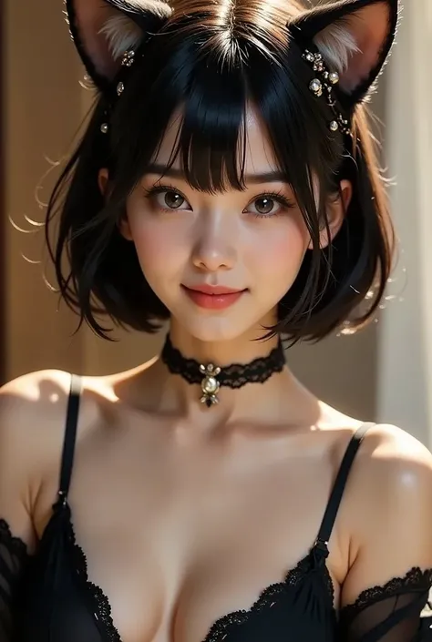 ( top quality,  Masterpiece,  high resolution)、4K、( one woman、20 years old)、whole body、 ( depicts cute faces in detail)、  black hair、 short hair、 semi-long、 bob cut、 hair bun、 hair ornament、(Cat ears)、 black cat costume、 White cat costume  、 choker、( linge...