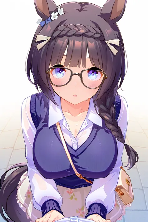 zenno rob roy \(umamusume\), umamusume, 1girl, animal ears, horse ears, horse girl, long hair, single braid, crown braid, purple hair, bangs, short hair, green eyes, braided ponytail, blue eyes, solo, horse tail, braid, medium hair, grey hair, black hair, ...