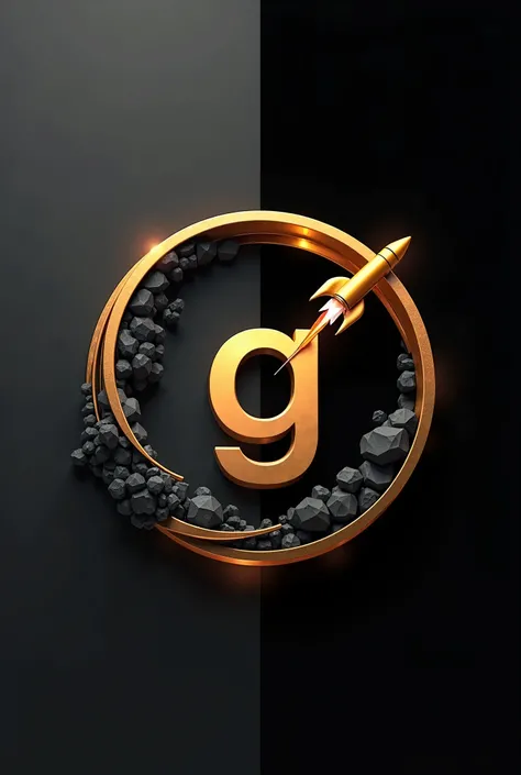 Create a logo with a circle and curves with a capital letter G that has a gold color,  black and white . That inside it has a rocket and a graphic design pen 