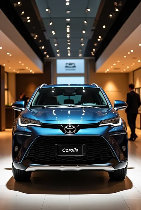 Generate a front view of Toyota Corolla Cross in luxury showroom