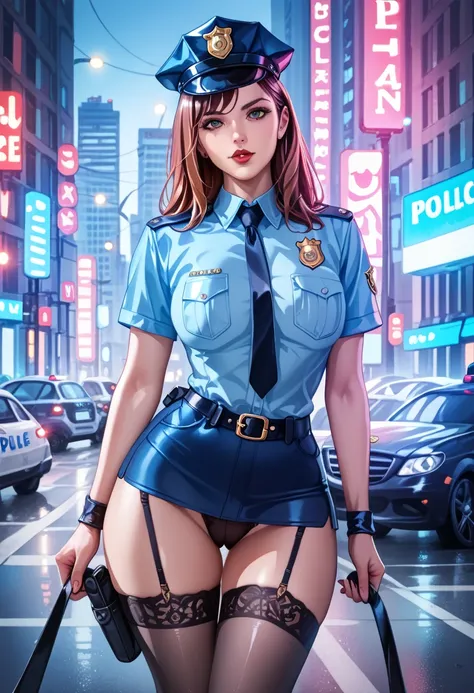 alone, (Police uniform, Female police officer), stockings, City lights, (Looking at the audience: 1.3), Release your lips, Red lips, Shiny skin, Skin dents, Highest quality, Ultra-high resolution, (realism: 1.4),