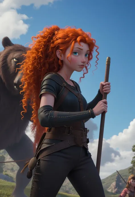 Girl, red hair, black armor,one long spear,Glowing eyes ,curly orange colour long hair，High Ponytail,detail eye,blue sky,in battel,portrait,fight with bear,