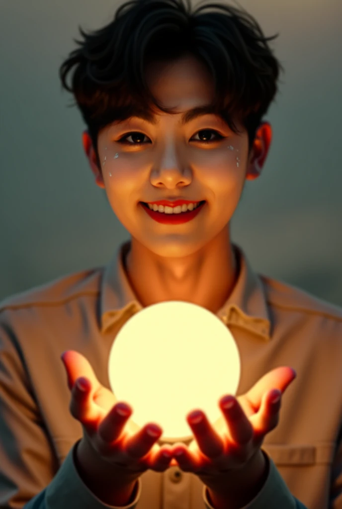 Jeon Jungkook,  smiling, holding a small sphere of light in your palms