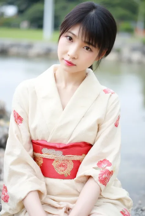 a close up of a woman in a  kimono sitting on a bench, in  kimono, in a  kimono, wearing  kimono, Japanese Models, wearing a  kimono, wearing royal  kimono,  kimono, Young sexy photo idol, pale and coloured  kimono,  young and beautiful photo idols , Premi...