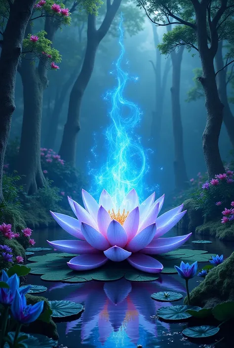 great masterpiece.  in the magical forest.  there is a magic lotus emitting a burning blue fire.  and lots of colorful lights