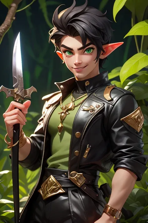 Perfect face. Perfect A black haired male elf with green eyes in black leather is smiling in an enchanted forest with a dagger