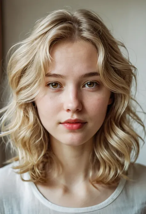  masterpiece,  top quality ,  photography , texture of photo paper,  film grain size.  Russian girl 28 years old .  natural blonde ,  slightly wavy hair slightly below the shoulders .  Round face.  pale skin . without makeup.  Beautiful expressive brown ey...