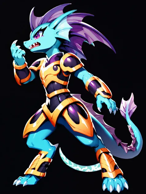 Anime, ((anime style)), solo drawing, solo, Three-Quarter view, ((Solid Black Background)), ((vivid purple eyes)), ((draconic ear frills)), ((head fin)), ((tall figure)), ((digitigrade legs)), ((digitigrade feet)), ((highly detailed anime style)), clean li...