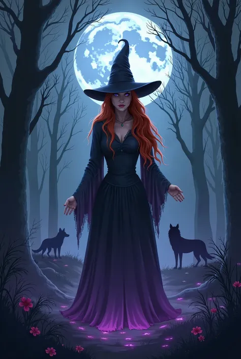  create an image with a witch with copper hair and purple eyes ,  in the center of the image,  surrounded by a mystical aura of magical energy . A gloomy forest illuminated by a full moon ,  with shadows lurking among the trees .  Silhouettes of mystical c...