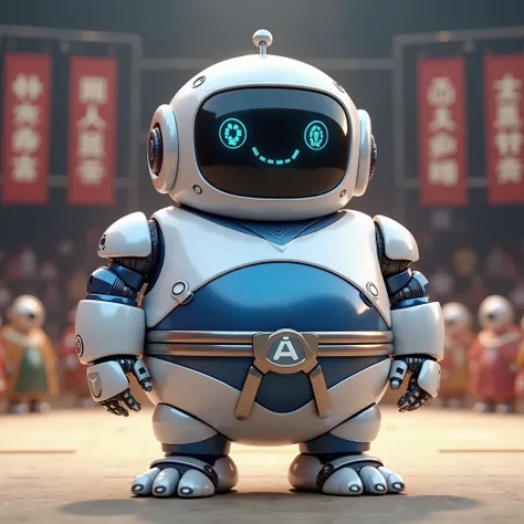 A professional yet adorable sumo wrestler-inspired robot mascot designed for a ren's competition, representing an official institution. The robot has a sleek and polished metallic body in white, blue, and silver tones, giving it a trustworthy and high-tech...