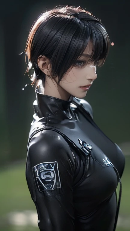 ( one woman),(((A female SWAT member is talking on the interphone:1.5))),((( black tactical bodysuit :1.5))),(((Black special forces equipment :1.5))),(((Black headset:1.5))),( short hair:1.5),(Front ),( beautiful eyes:1.3),( serious face:1.5),( very detai...