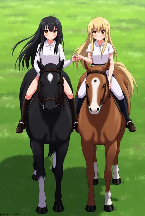 Two girls, one with long dark hair, on a black horse with a black spot on the forehead and one with blond hair and on a brown horse with a white spot on the forehead in the middle of green with a real setting.