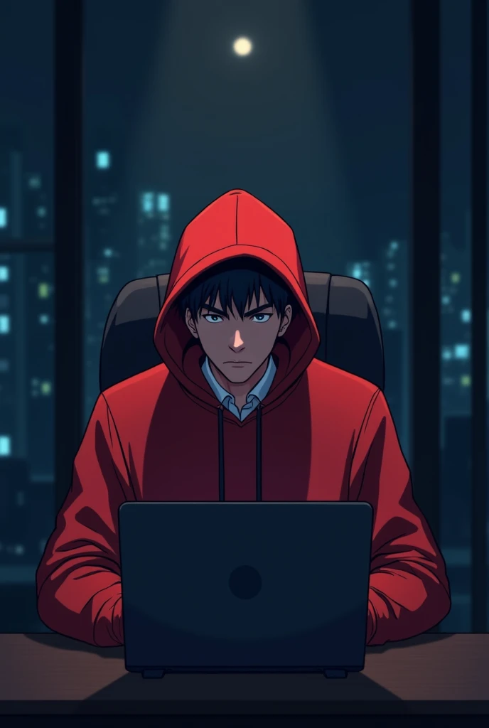 Anime-friendly business character wears a red hoodie mixed with black. He sits behind his laptop in his office, with his arms on his desk. It's night. The room has bleat lighting. It is facing the camera, looks straight and centred, central, sits straight,...