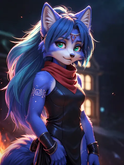 ((krystal)), Star Fox-Krystal, lovable,     green eyes, (((    long blue hair 1  .3))), Decollete, anthro, blurred,  detailed Fluffys fell,    detailed face  , (Fluffy),     1 girl, ,woman, Goth,     green eyes, Undercut,   ultra-realistic 8k CG    ,     m...