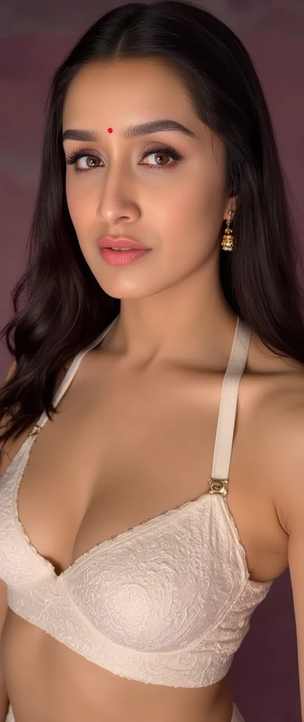 Beautiful married marathi woman,((showing navel and cleavage)), nose stud and sexy, she is wearing a lingerie, bedroom, selfie point of view, (close up body bust shot), red round bindi, middle class bhabhi,  her navel is sexy, homely maeathi makeover