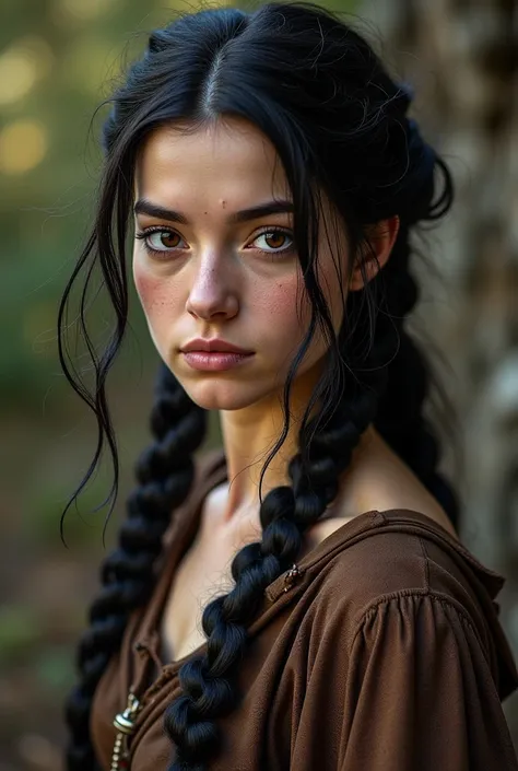 woman 40 years old ,medieval peasant,  With Long Black Hair ,  brown eyes,  hair tied behind with two large locks dropped on the shoulders, using brown and gray pouring using dark magic summoning spiders