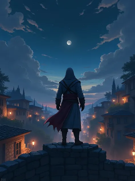 An anime illustration of a asaseen's creed, stands on roof wall, very old village, several apartment, from back view, full length picture, looking down, the lighting is vibrant and reflective, night scene, sky is dark and white, scattered clouds, from head...