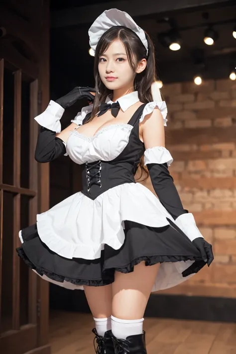  big breasts, The hairstyle is a blonde shortcut，whole body， high resolution,  top quality,  detail, bad，Background white， Gothic Lolita Maid Clothes，first round， Completely-valid， eyeshadow，Shaky lips，Pink knee-high socks，Black long gloves， platform boots...