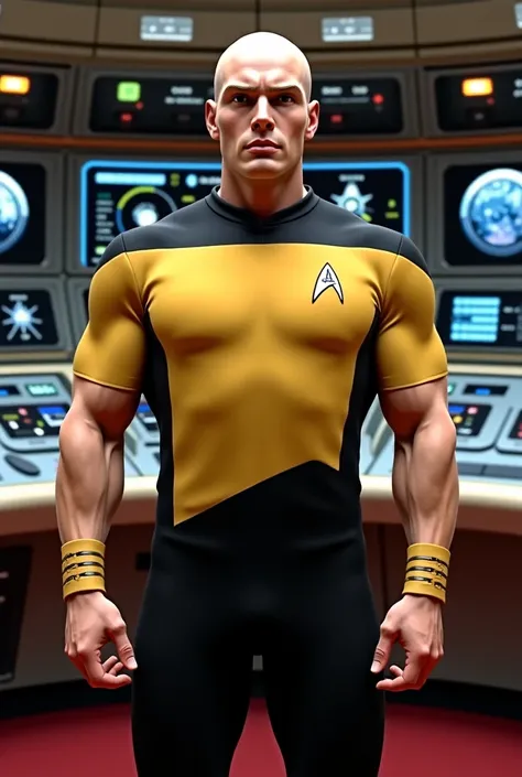 Male Starfleet officer who is a body builder and bald from the original Star Trek series wearing his short sleeve all gold shirt and uniform standing near the helm station on a starship 