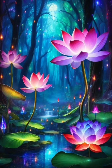 great masterpiece.  in the magical forest.  there is a magical lotus emitting blue, red and purple flames.  and lots of colorful lights