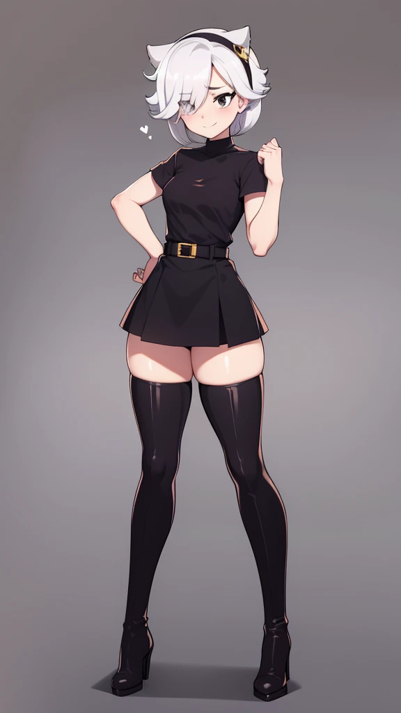 score_9, score_8_up, score_7_up, score_6_up, score_5_up, score_4_up, source_anime , colettetrixie, smile, middle breast, light skin, blush, black eyes, hair over one eye, hairband, worth, white T shirt, black long skirt, tall heels, bonding thigh boots, hi...