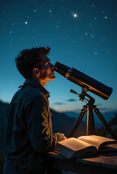 Make a person look at the Vera telescope at the stars. A book that says Focus on the Details