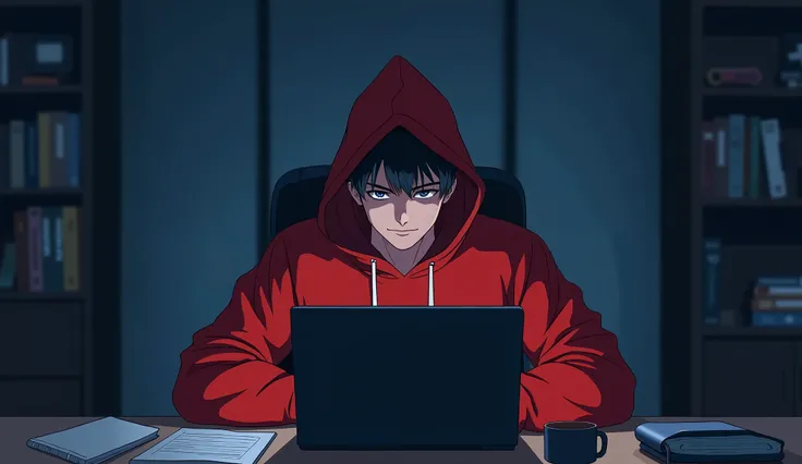 Anime-friendly business character wears a red hoodie mixed with black. He sits behind his laptop in his office, with his arms on his desk. It's night. The room has bleat lighting. It is facing the camera, looks straight and centred, central, sits straight,...