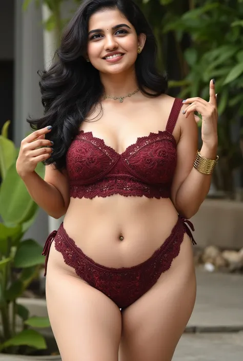 A Indian Curvy Women, Wear dark red colour Lingerie and gold jewellery, Hot butt, height 6 feet, open legs show lingerie. Extremely hot pose. Seductive smile. Looking at viewer.  Big breasts size 38DD. big ass size 36. Waist size 32. 62 kg.  Fair skin. Ope...