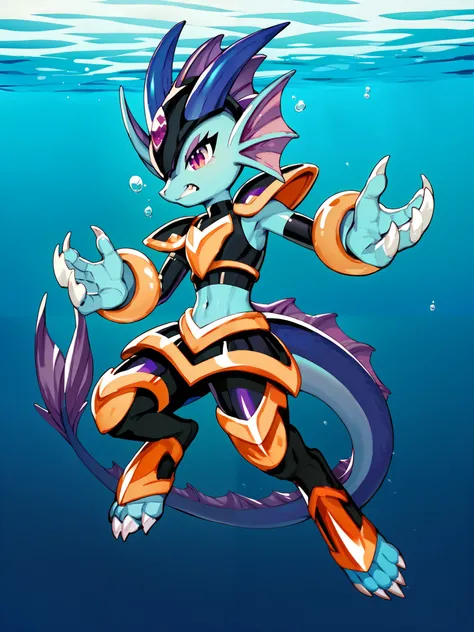 Anime, ((anime style)), solo drawing, solo, Three-Quarter view, ((underwater background)), ((vivid purple eyes)), ((draconic ear frills)), ((head fin)), ((tall figure)), ((digitigrade legs)), ((digitigrade feet)), ((highly detailed anime style)), clean lin...