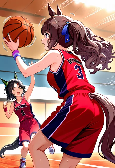 (Tosen Jordan\(umamusume\)),horse tail,horse ear,((best quality)),(2girls),(nsfw),(),medium breasts,,colorful nail art,Wearing red basketball uniform ,Basketball,basketball court,basketball dribbling,((speed lines)),((motion lines)),basketball shoes,,wrist...