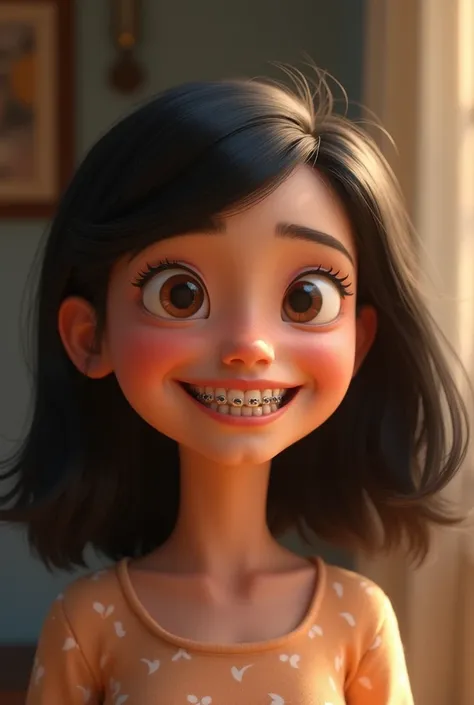 Create a 3D post inspired by Pixar, capture a scene of two sisters, one of them big black hair, wears dental braces and has slanted eyes, another has long black hair, almond shaped eyes and adult mouths.