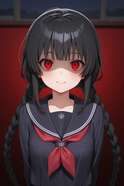 A girl with double braids black hair school clothes. Yandere Blick, Red Eyes