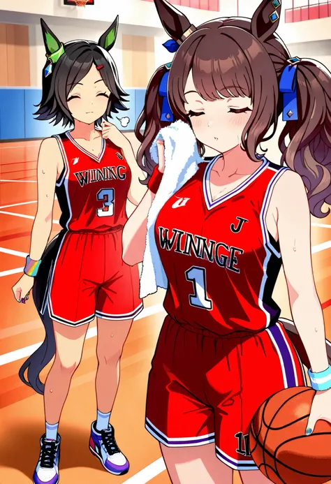 (Tosen Jordan\(umamusume\)),horse tail,horse ear,Wearing red basketball uniform,((best quality)),(2girls),(nsfw),(),medium breasts,,colorful nail art,wipe sweat with a towel,basketball court,sigh,basketball shoes,,wristband,Winning Ticket\(umamusume\),Wear...