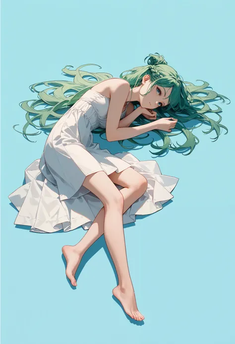  score_9,  score_8_ up the side,  score_7_ up the side,  source_Anime ,  1 woman,  lying down、（full body shot）hit ,  long green hair ,  French Braid ,  slender body, Small stature,   simple background,  sharp,  hyperdetail:1.3