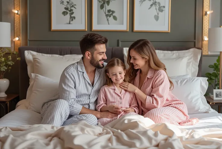 a masterpiece of photographic art, a realistic photo of a man, woman and sitting on a large sleeping bed dressed in colorful striped pajamas of delicate colors. The sits between the parents. The bed is made with exquisite satin linens, large pillows, and...