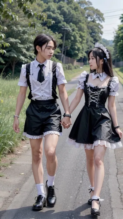 m4id0utf1t, A sexy maid girl holds hands with a young man and walks along the road in a rural village. ความละเอียดสูง, แม่นยำ, เท้าออกจากกรอบ, 