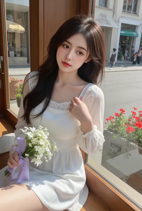 /imagine prompt: A young woman with delicate features, fair skin, and long, naturally wavy dark hair cascading over her left shoulder, a few strands resting gently on her chest. She wears a short white dress with lace-trimmed transparent sleeves, silky fab...