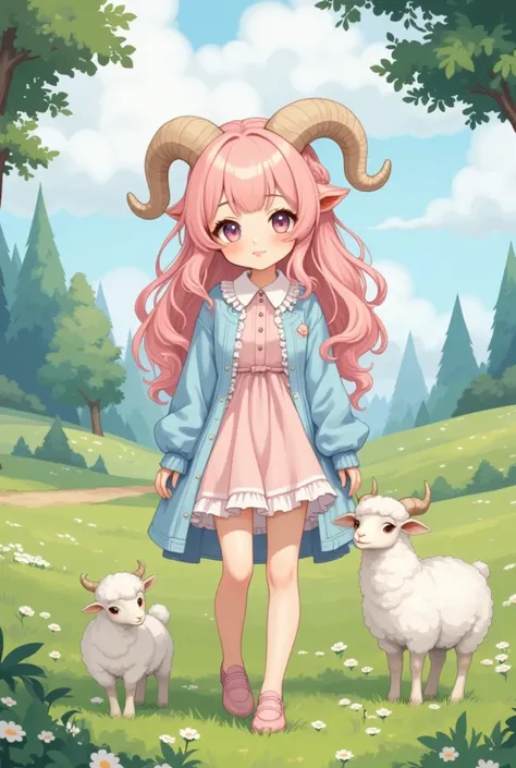 (masterpiece,best quality:1.2),solo,a girl\(big eyes,sparkling eyes,details of eyes,thick eyebrows,long fluffy hair,soft pink hair,elegant hair,little sheep horns attached on her head,light brown sheep horns,gentle smile),details of clothes\(soft pink goth...