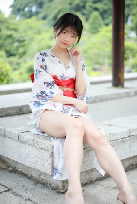 a close up of a woman in a  kimono sitting on a bench, in  kimono, in a  kimono, wearing  kimono, Japanese Models, wearing a  kimono, wearing royal  kimono,  kimono, Young sexy photo idol, pale and coloured  kimono,  young and beautiful photo idols , Premi...