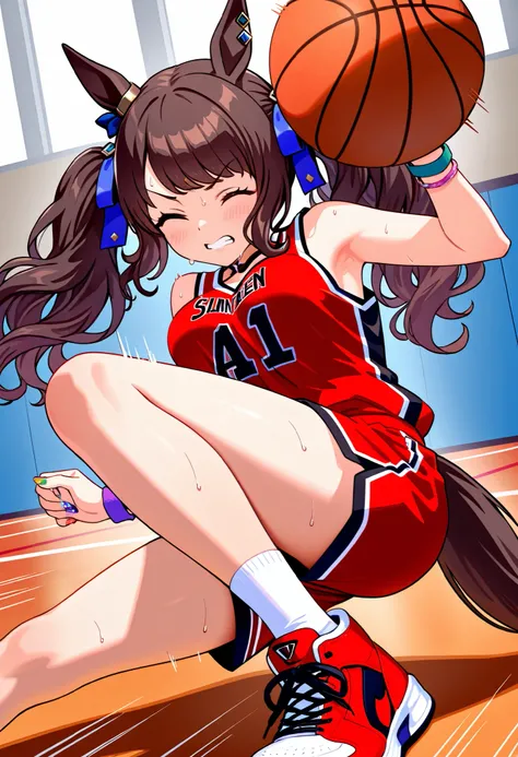 (Tosen Jordan\(umamusume\)),horse tail,horse ear,((best quality)),(1girl),(nsfw),(),medium breasts,,colorful nail art,Wearing red basketball uniform ,Basketball,basketball court,basketball dribbling,((speed lines)),((motion lines)),basketball shoes,,wristb...