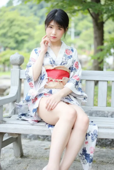 a close up of a woman in a  kimono sitting on a bench, in  kimono, in a  kimono, wearing  kimono, Japanese Models, wearing a  kimono, wearing royal  kimono,  kimono, Young sexy photo idol, pale and coloured  kimono,  young and beautiful photo idols , Premi...