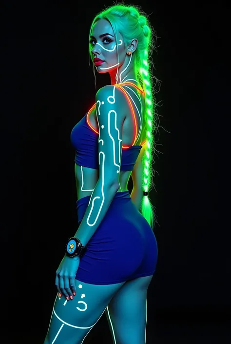 Ukrainian Russian woman, futuristic full body standing image in cyberpunk style of beautiful white blonde Russian woman with phosphorescent neon green braided hair and blue sporty mini skirt with futuristic accessories, illuminated glowing watch and smartp...