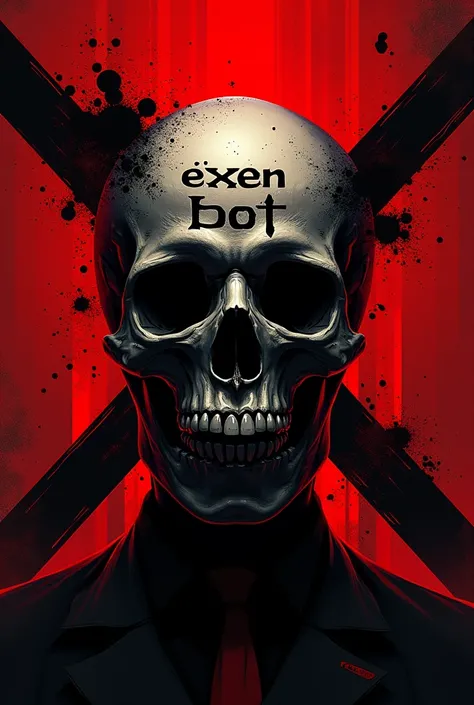  I want a picture consisting of red and black colors with a skull in the middle with the word EXEN BOT inside it with perpendicular lines