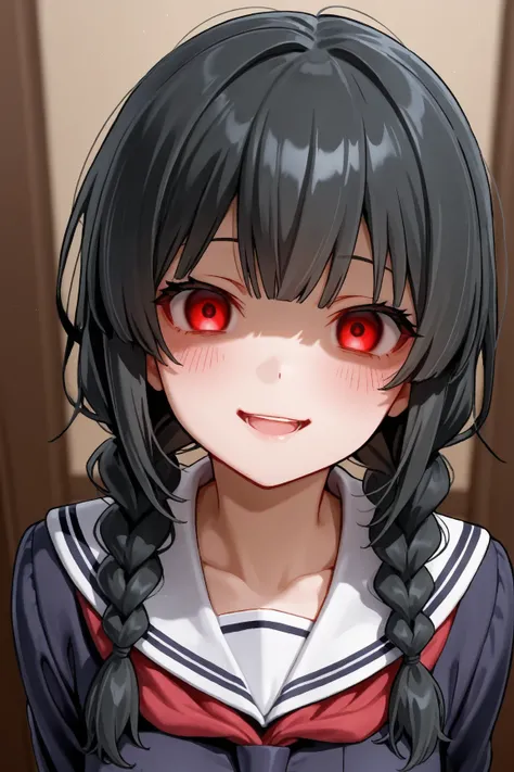 A girl with double braids black hair school clothes. Yandere Blick, Red Eyes