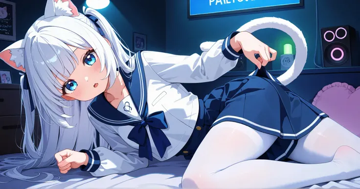 "VTuber girl white hair sky blue eyes cat in blue and white sailor school uniform, short skirt short white tights with ribbon embellishments,  cat's ears, Normal tail and expression kawaii .  Does a playful pose saying,  perfect anatomy, 'nya ~'.  Backgrou...