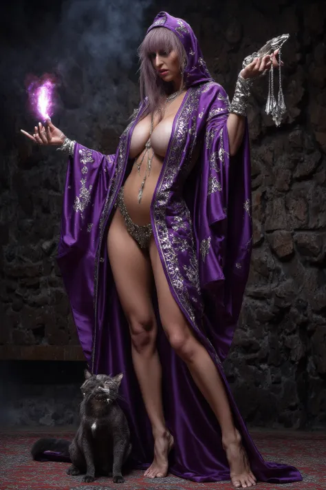 (Sexy Venera) Fantasy wizard (age 25, sheer purple robe with intricate arcane embroidery of silver thread, no underwear, shaved pubic region well defined labia a magic glow emits from  her vagina, cat companion, bare feet) is casting a spell, fantasy adven...