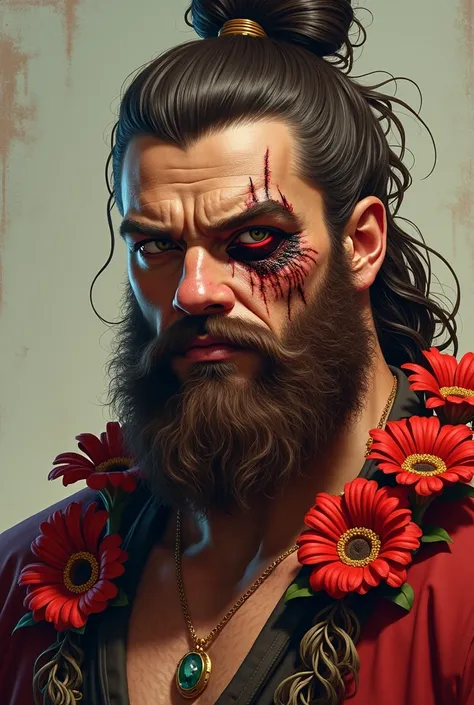 roi, Hawaiian origin. Grand,   Chestnut hair, tied in a bun and curled.  Disfigured . bearded.  square jaw. Regard dur.  Strict face.  tanned skin. left eye red, With black all around.